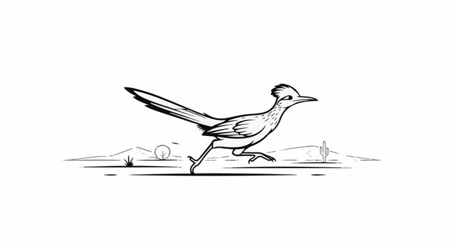 A cartoon roadrunner bird sprints across a desert landscape with cacti