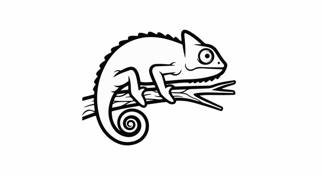 A black and white drawing of a chameleon clinging to a branch