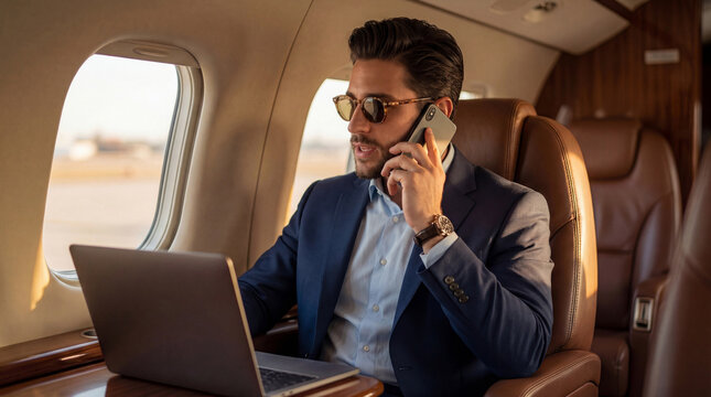 A professional businessman wearing a blue suit and sunglasses talks on his phone while using a laptop in the cabin of a private jet, bathed in the warm glow of the setting sun through the window