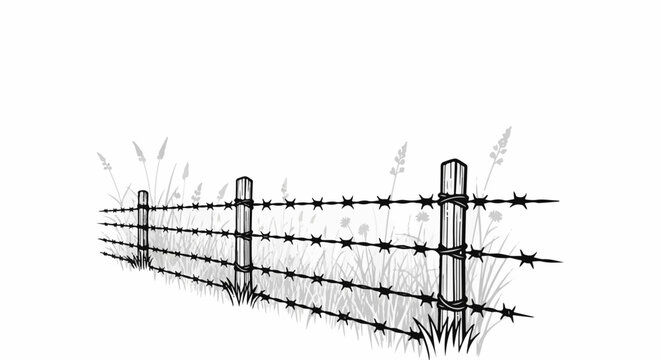 A hand-drawn illustration of a barbed wire fence with wooden posts and grass