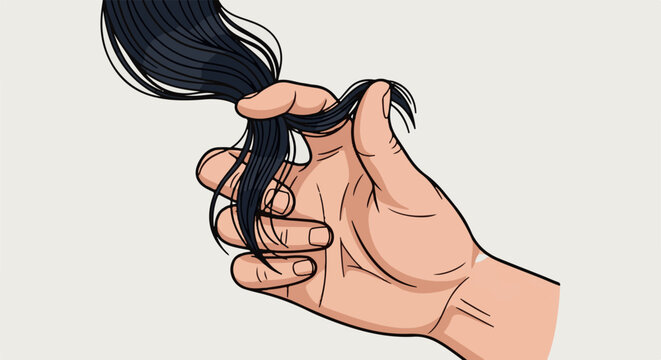 A human hand is grasping a lock of dark hair