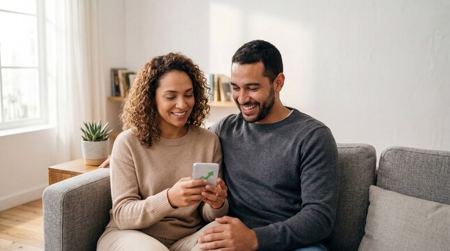 A smiling young couple sits together on a couch at home, looking at a financial growth chart on a mobile phone, celebrating investment success and planning their future financial security