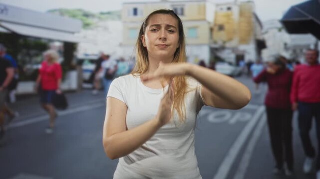 Woman hands making timeout gesture on a busy street, visible forearms and white t shirt amid shoppers and storefronts; communication focus.