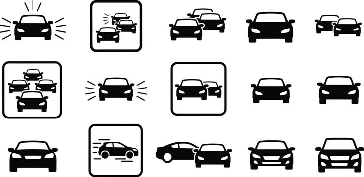 A series of car crash and accident icons in various configurations and angles