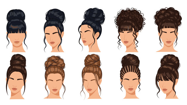 Set of female heads with various elegant updo hairstyles and buns in different hair colors like black, brown, and brunette.