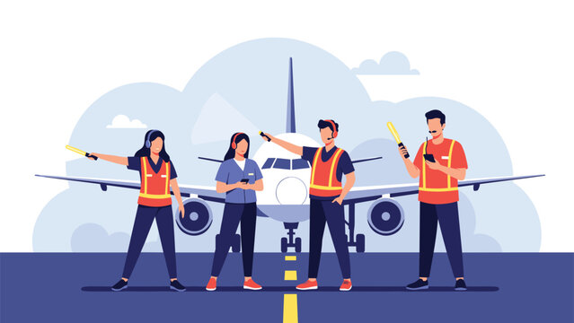 Ground crew at an airport guiding a large commercial airplane on the runway with signal batons and communication equipment.