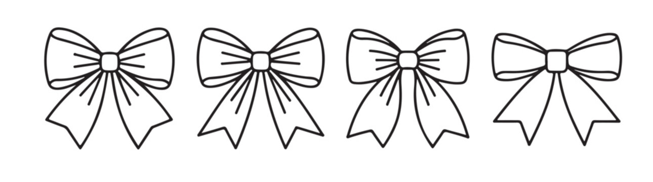 Gift bow ribbon line art set with four different styles of knotted festive decor for holiday package wrapping.
