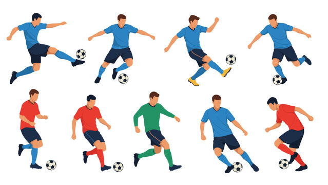 Vector illustrations of male soccer players wearing different jerseys and performing various actions like kicking and dribbling.