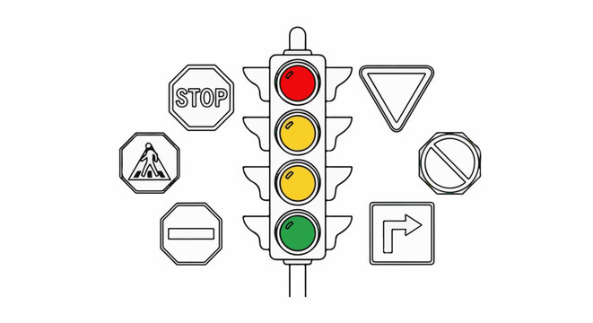 A traffic signal with red, yellow, and green lights, surrounded by various road signs