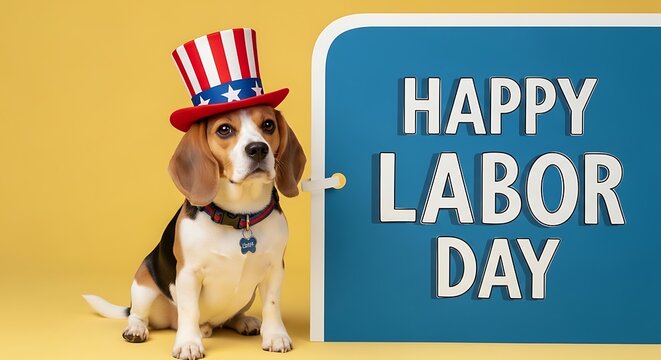Beagle dog wearing patriotic hat sitting next to Labor Day sign on yellow background