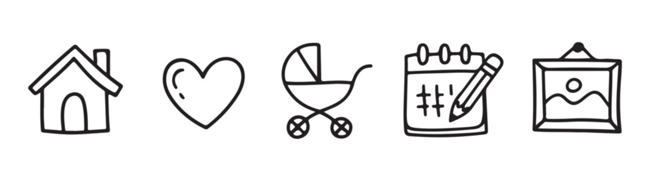 Set of simple doodle baby-related icons featuring a house, heart, stroller, calendar, and picture frame.
