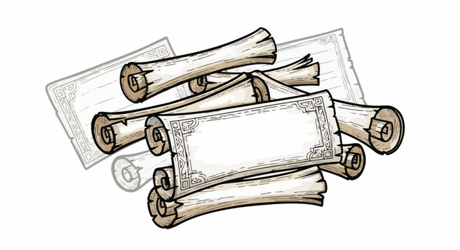 A pile of aged scrolls with ornate borders, some blank