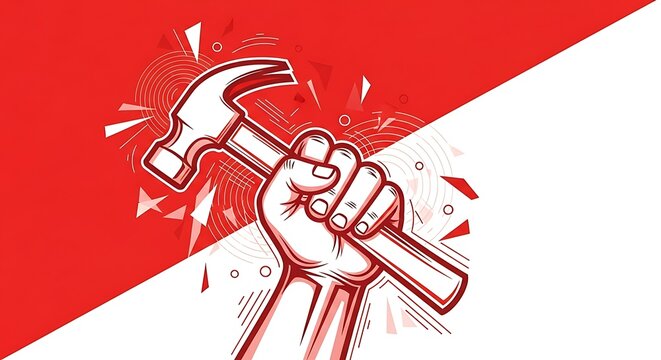 Hand holding hammer with red and white background and abstract shapes