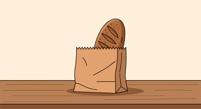 A loaf of bread peeks out from a brown paper grocery bag
