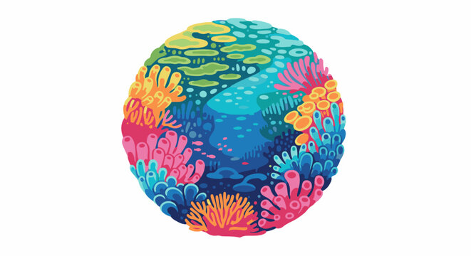 A vibrant, circular coral reef teeming with diverse, colorful marine life