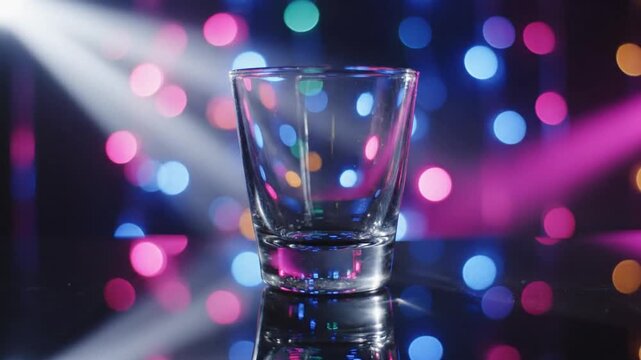 Dynamic B roll for party promotion: empty shot glass reflecting colorful club lights, capturing the essence of a festive night.
