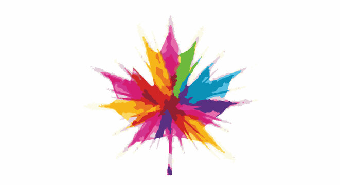 Abstract, colorful exploding maple leaf with a white background
