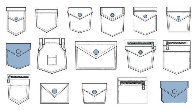 Technical sketches of various garment pocket styles including flap patch zip and button designs for fashion designers.