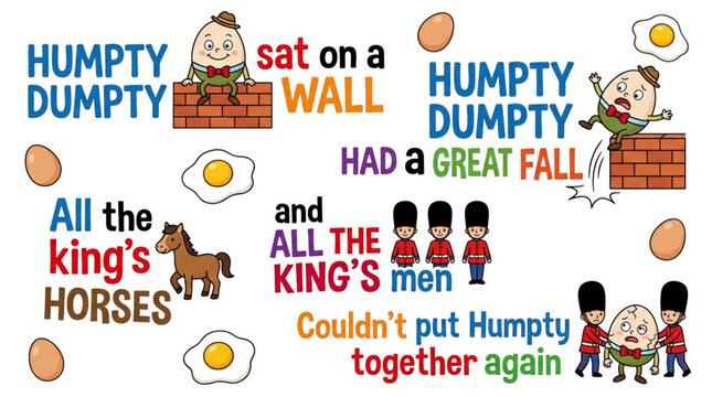 Humpty Dumpty Falling Off Wall Nursery Rhyme Illustration for Kids Education and Whimsical Storytelling