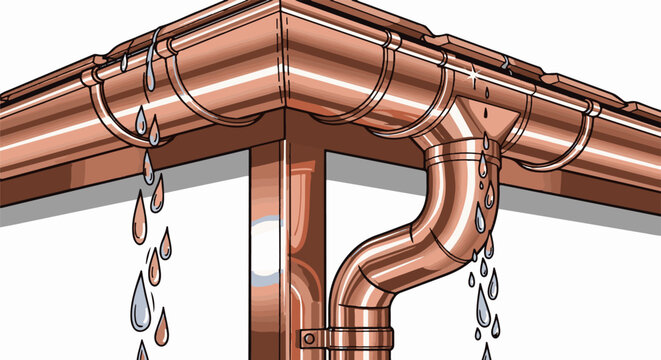A close-up illustration of copper gutters with water dripping down