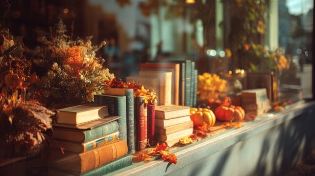 Cozy Bookstore Window Display with Colorful Books and Autumn Decorations