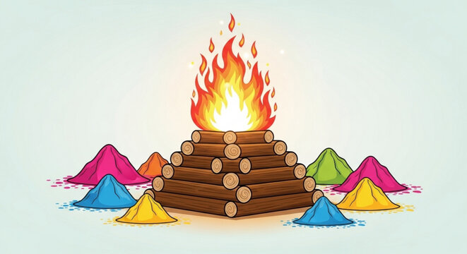 Vibrant holi festival fire pit with colorful powder piles