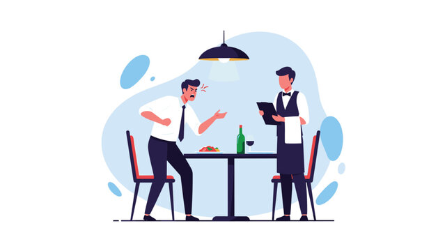 Frustrated businessman complaining about his food to a professional waiter in a restaurant setting with a wine bottle.