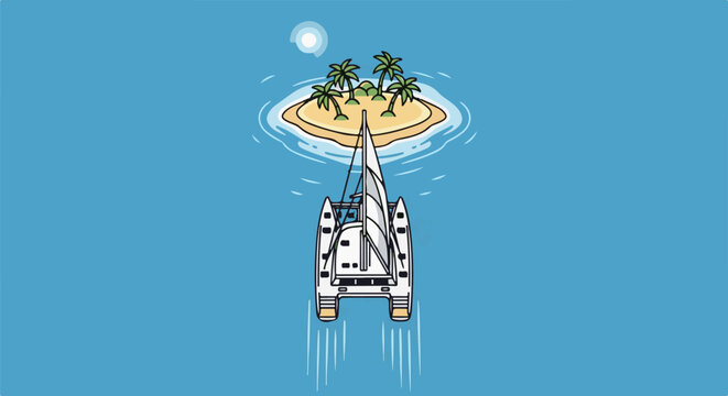 A white catamaran sails towards a tropical island under a bright sun