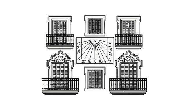 Architectural sketch of balconies and a sundial on a white background