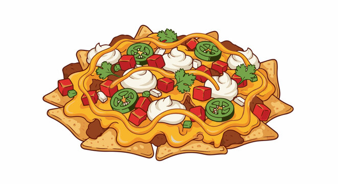 A pile of loaded nachos with melted cheese, sour cream, and toppings