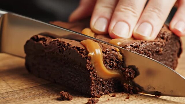 Close up of a hand slicing a rich chocolate brownie with caramel filling.