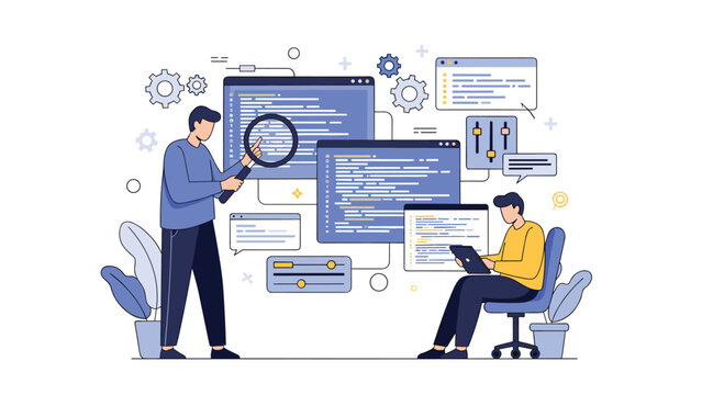 Software developers working on computer code with floating windows and magnifying glass representing programming, debugging, and data analysis.