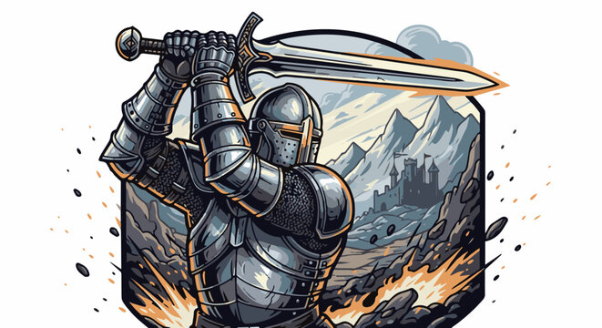 Armored knight raises sword with a castle and mountains in background