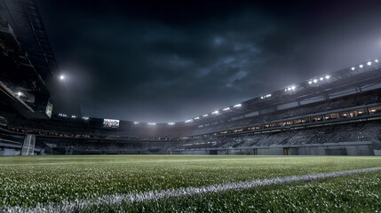 Fototapeta premium floodlights. Illuminated football stadium at night with vibrant green turf and atmospheric glow, event key visuals, club posters, designed for fitness apps and gym onboarding, supports training. ﻿