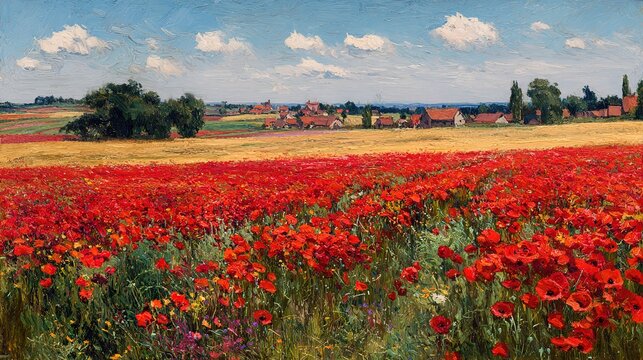Vibrant red poppies in full bloom under blue sky oil painting rolling hills and village distant soft light detailed brushwork rustic landscape