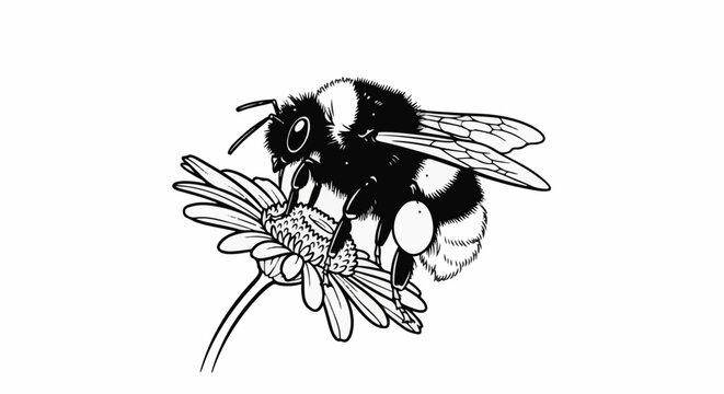 A detailed black and white illustration of a bumblebee on a daisy