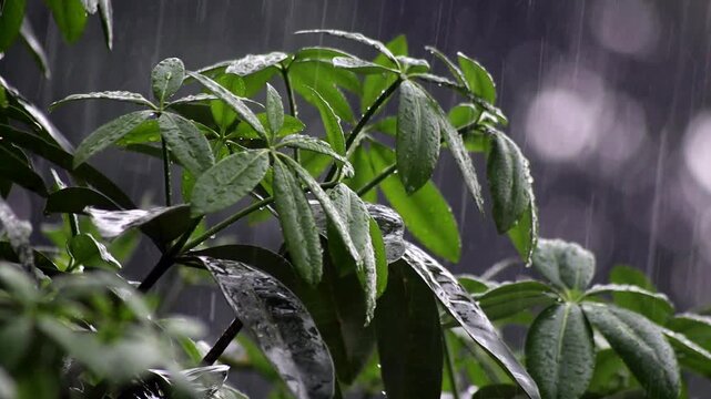 Rain falls, pouring down on the branches of the Pule tree