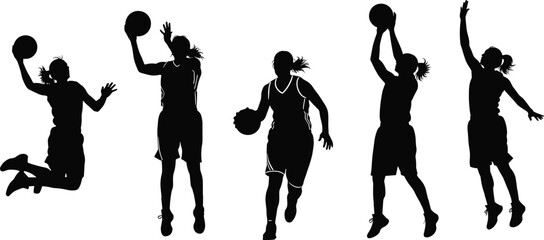 basketball player silhouette female athlete jumping dribbling shooting action sport vector illustration isolated black dynamic fitness team game concept © Ashadujjaman