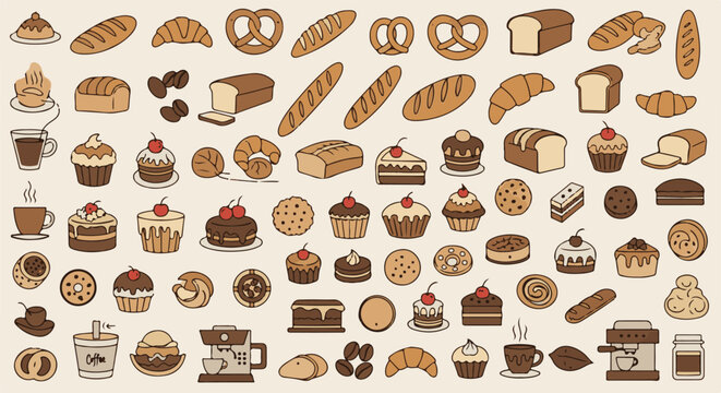 Assortment of baked goods and coffee items on a light background