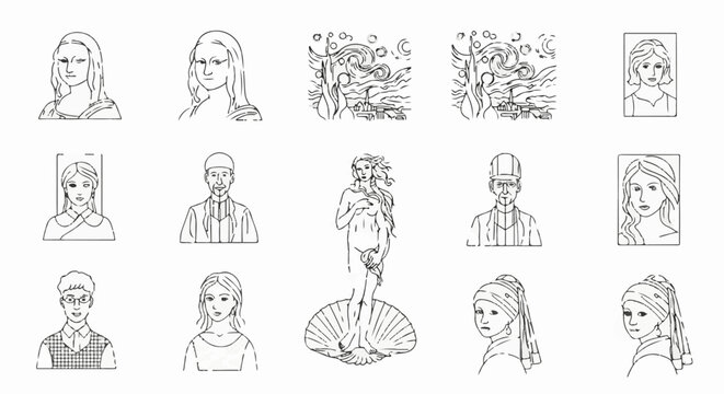 A collage of famous artistic portraits and landscapes in sketch style