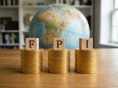 global fpi concept with gold coin stacks and world globe financial investment scene
