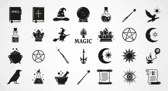 A collection of mystical and magical black silhouette icons