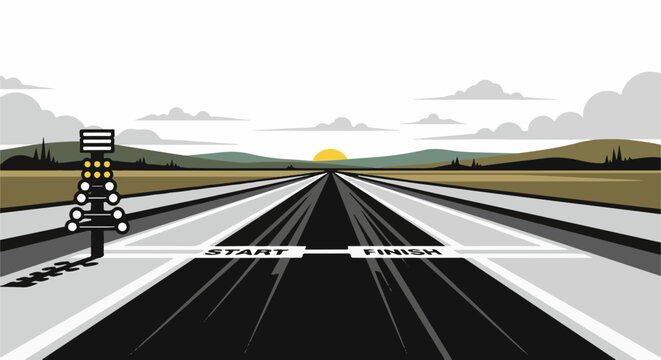 A drag racing start line with a light tree and a distant sunset over hills