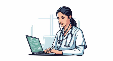 Fototapeta premium A female medical professional works on a laptop in an office setting