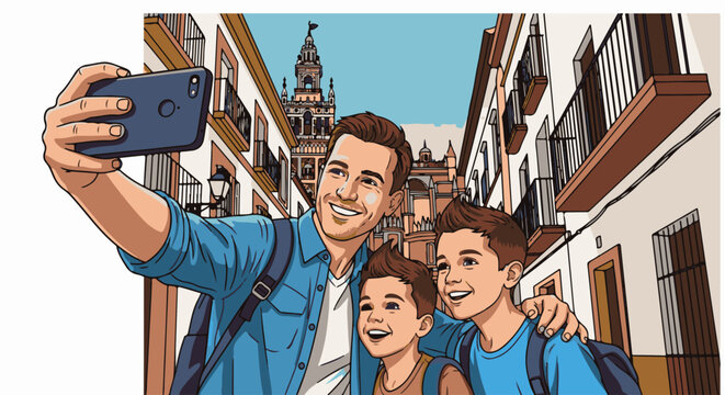 A father and his two sons take a joyful selfie in a European city