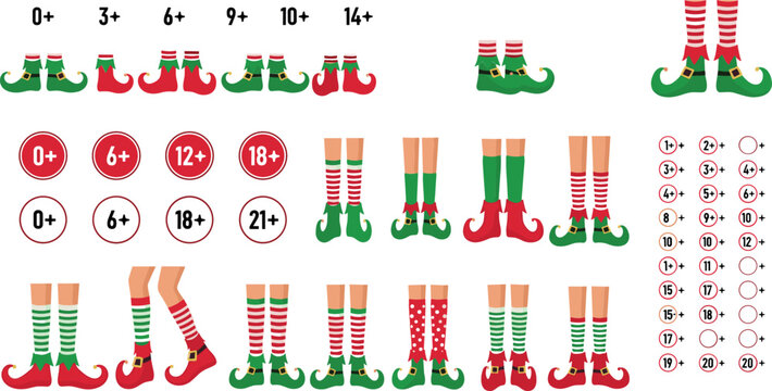Christmas Elf Socks and Legs Set with Age Rating Icons, 0+, 6+, 12+, 18+, and 21+, Festive Holiday Designs for Digital Media, Apps, and Website Use