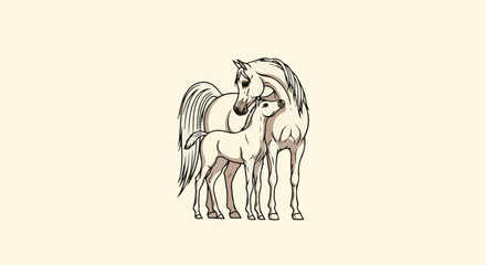 Fototapeta premium A gentle mother horse and her foal stand closely together