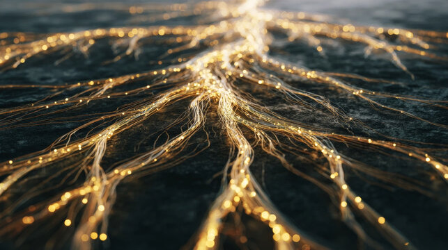 Abstract representation of glowing golden fibers spreading across a dark textured surface like a neural network or energy roots