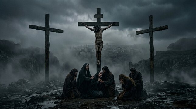 Crucifixion of Jesus Christ Scene &ndash; Biblical Art Depicting Grief & Redemption at Calvary