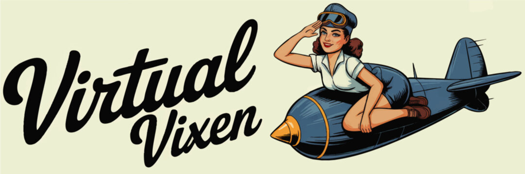 Retro pinup pilot woman riding rocket airplane, vintage aviation nose art style illustration with bold script Virtual Vixen text